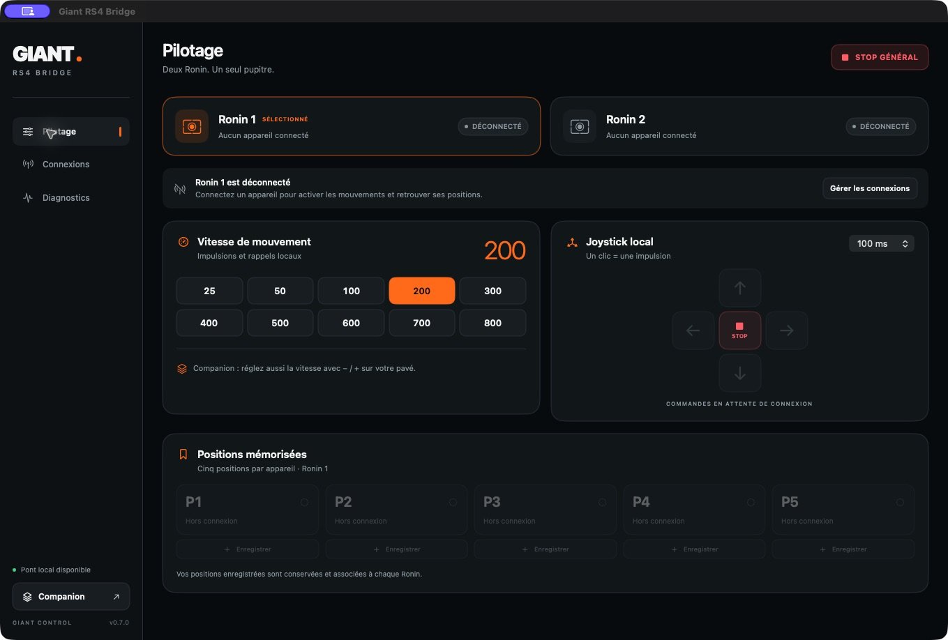 Interface réelle de Giant RS4 Bridge : sélection de deux Ronin, vitesses, joystick et positions mémorisées